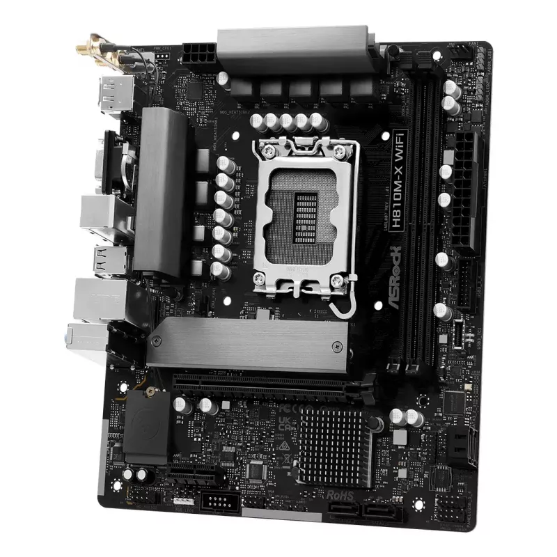Motininė plokštė ASRock H810M-X WiFi — Intel H810, LGA 1851, microATX, DDR5, 2 DIMM, 128 GB, Wi‑Fi 5, 2,5 Gb LAN, M.2, SATA III