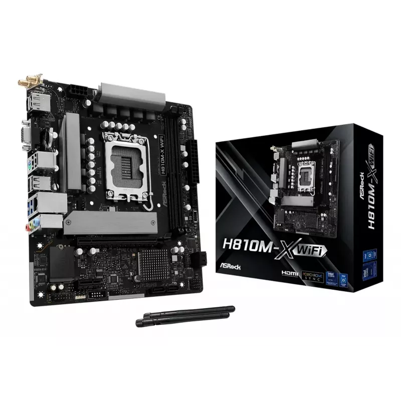 Motininė plokštė ASRock H810M-X WiFi — Intel H810, LGA 1851, microATX, DDR5, 2 DIMM, 128 GB, Wi‑Fi 5, 2,5 Gb LAN, M.2, SATA III