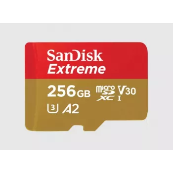„SanDisk Extreme“ 256 GB „microSDXC“ UHS-I atminties kortelė (SDSQXAV-256G-GN6MA) – didelio našumo išimama atmintis išmaniesiems telefonams, veiksmo kameroms, dronams ir kitiems įrenginiams, įrašantiems didelės raiškos nuotraukas ir 4K UHD vaizdo įrašus. Kortelė užtikrina iki 160 MB/s skaitymo greitį ir iki 90 MB/s rašymo greitį, A2 programų našumo įvertinimą bei U3/V30 greičio klases…