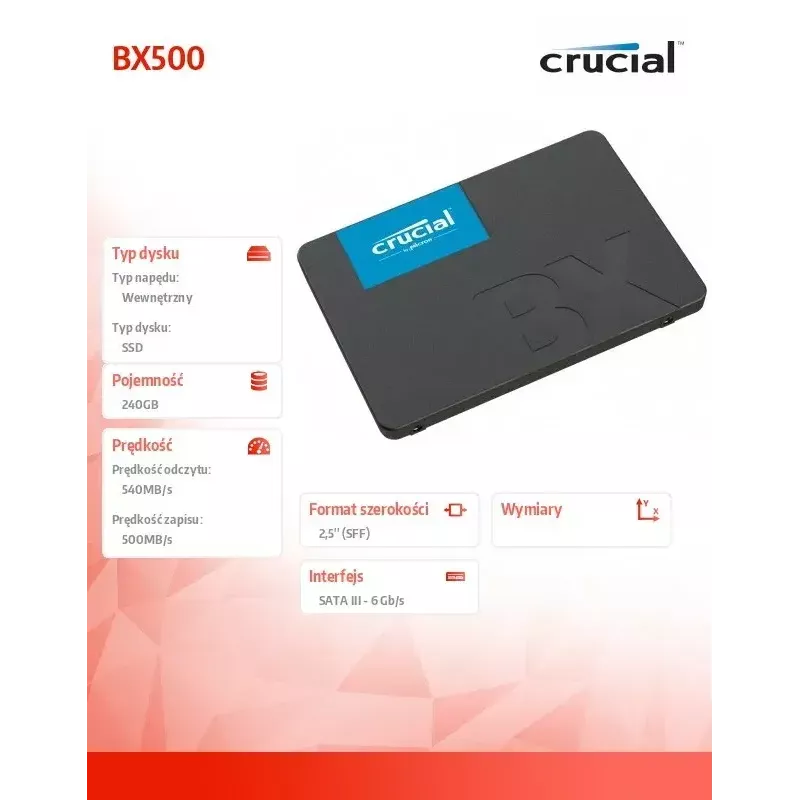 CRUCIAL BX500 240GB SSD, 2.5” 7mm, SATA 6 Gb/s, skaitymas/rašymas: 540 / 500 MB/s