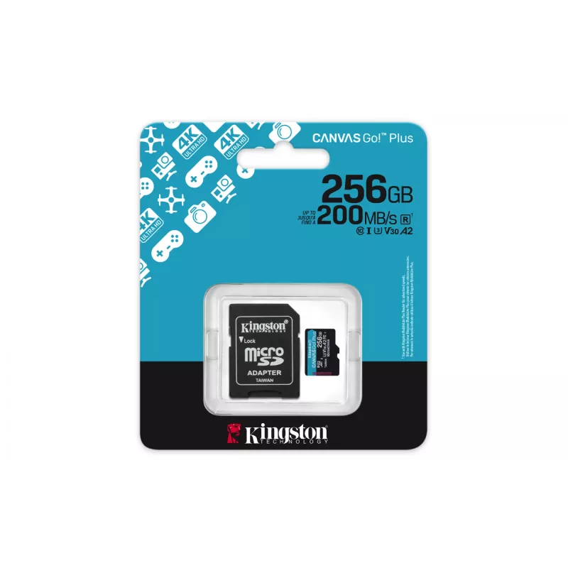 Kingston Technology 256GB microSDXC Canvas Go Plus Gen4 200MB/s A2 U3 V30 kortelė su adapteriu