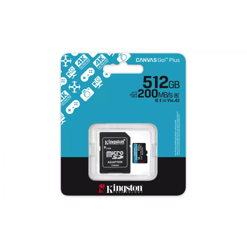Kingston Technology 512GB microSDXC Canvas Go Plus Gen4 200MB/s A2 U3 V30 kortelė + adapteris