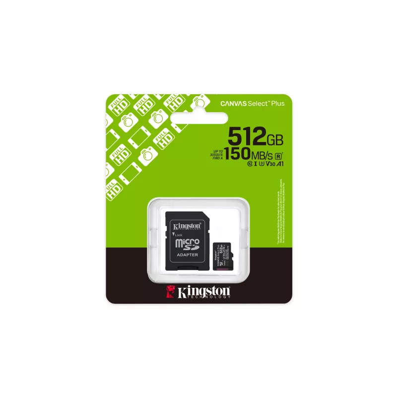 Kingston Technology 512GB microSDXC Canvas Select Plus Gen3 150MB/s A1 kortelė + adapteris