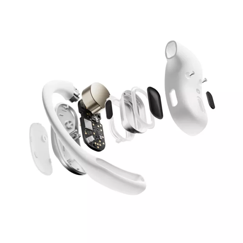 SHOKZ OpenFit Air, baltos spalvos laisvų rankų įranga, belaidė, ausinės laikiklis, skambučiai / muzika / sportas / kasdienis naudojimas, Bluetooth, balta