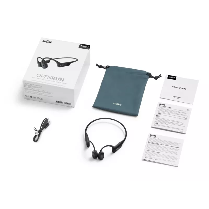 Ausinės Shokz OpenRun Mini — belaidės kaulinio laidumo sportinės ausinės, IP67, Bluetooth 5.1, 480 min baterija