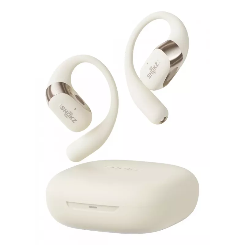 Atviros ausies belaidės ausinės Shokz OpenFit 2 – Bluetooth 5.4, IP55, kaulinis laidumas, 11 h grojimo (48 h su dėklu), USB‑C, smėlio spalvos