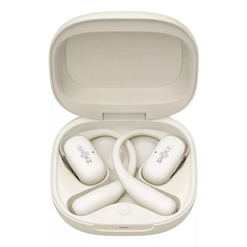Atviros ausies belaidės ausinės Shokz OpenFit 2 – Bluetooth 5.4, IP55, kaulinis laidumas, 11 h grojimo (48 h su dėklu), USB‑C, smėlio spalvos