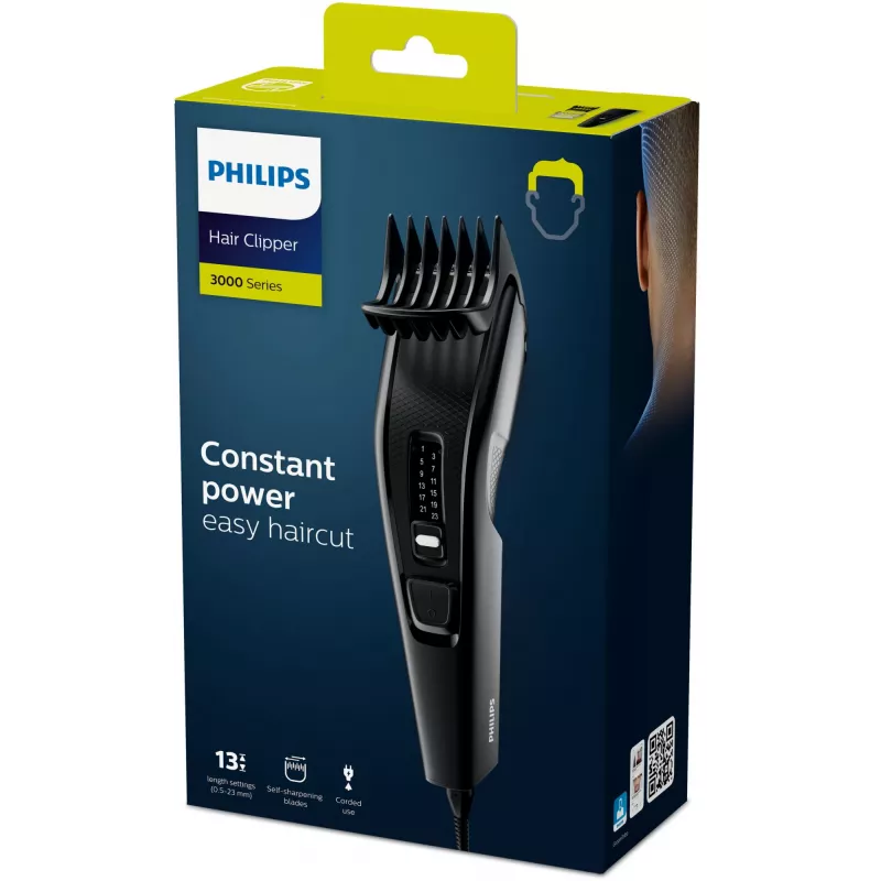 Plaukų kirpimo mašinėlė „Philips 3000 series HC3510/15“ juoda — nerūdijančio plieno peiliukai, nuo 0,5 mm iki 23 mm, 13 ilgio nustatymų