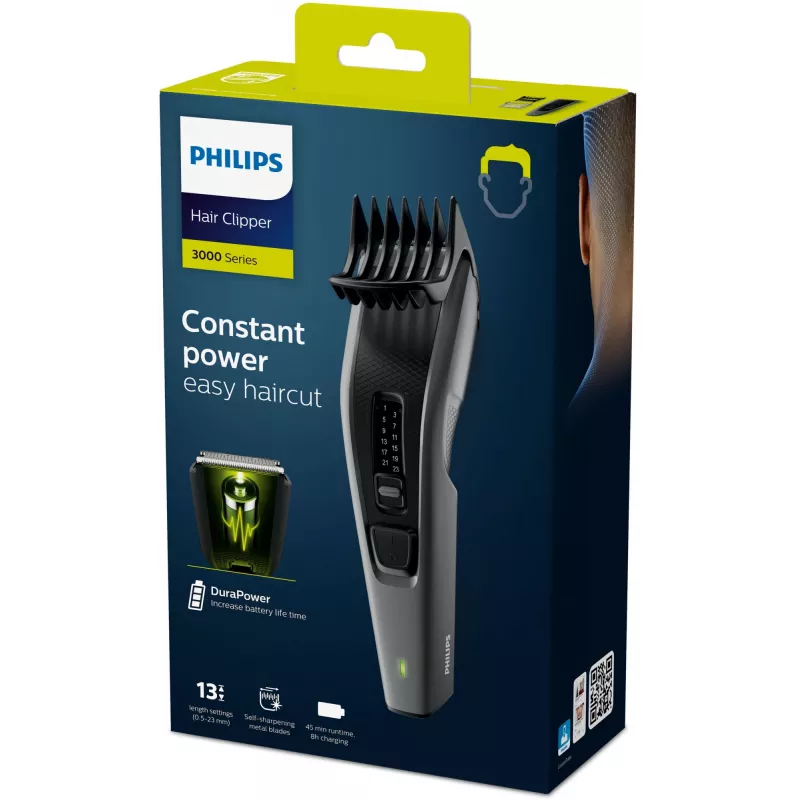Philips HAIRCLIPPER Series 3000 HC3525/15 Plaukų kirpimo mašinėlė, juoda, pilka, 0,5 mm, 2,3 cm, 4,1 cm, kintamoji srovė / baterija, 45 min.