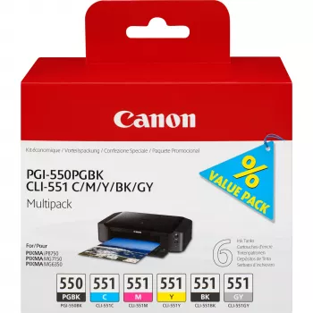 Canon PGI-550/CLI-551 PGBK/C/M/Y/BK/GY 6 rašalo kasetė, daugialypė pakuotė
