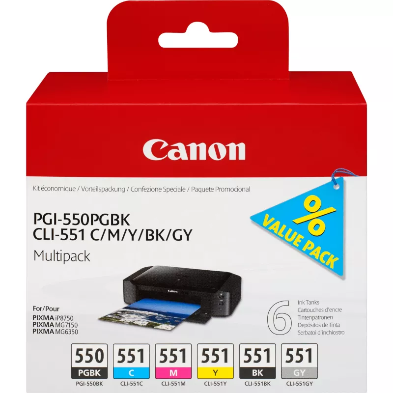 Canon PGI-550/CLI-551 PGBK/C/M/Y/BK/GY 6 rašalo kasetė, daugialypė pakuotė