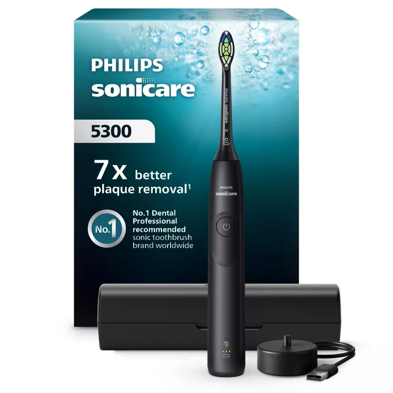 „Philips Series 5300 HX7101/02“ garsinis dantų šepetėlis — garsinis, 62 000 judesių per min., 3 greičiai, 2 min. laikmatis, juoda