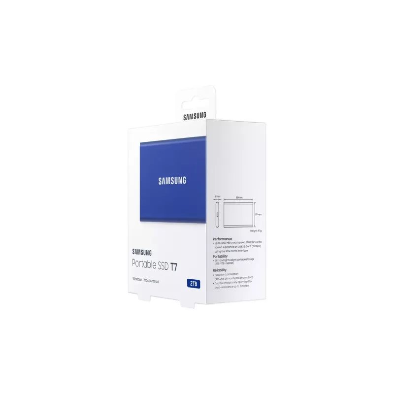 Išorinis SSD Samsung T7 Portable 2TB USB Type-C 3.2 Gen 2 mėlynas (NVMe, 1050/1000 MB/s)