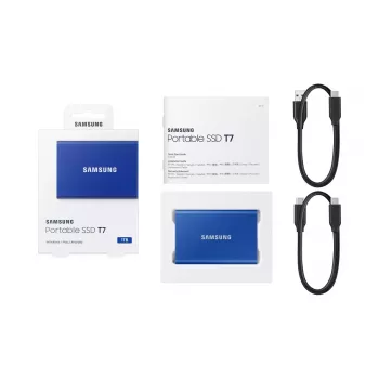 Išorinis SSD Samsung T7 Portable 1 TB, USB-C 3.2 Gen 2, NVMe, AES-256 aparatinė šifravimo apsauga, mėlynas