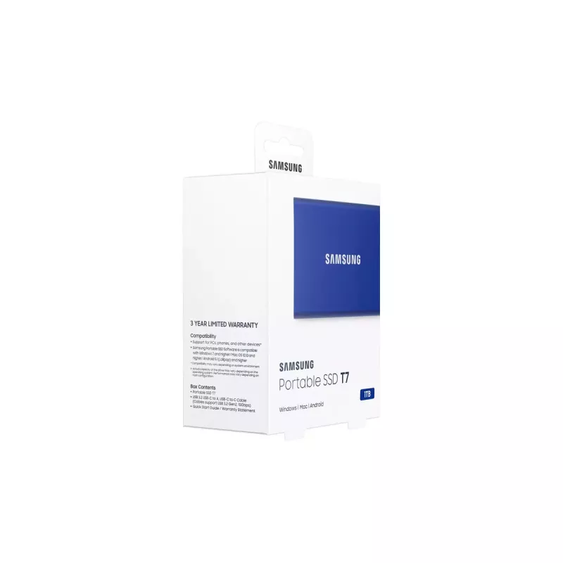 Išorinis SSD Samsung T7 Portable 1 TB, USB-C 3.2 Gen 2, NVMe, AES-256 aparatinė šifravimo apsauga, mėlynas