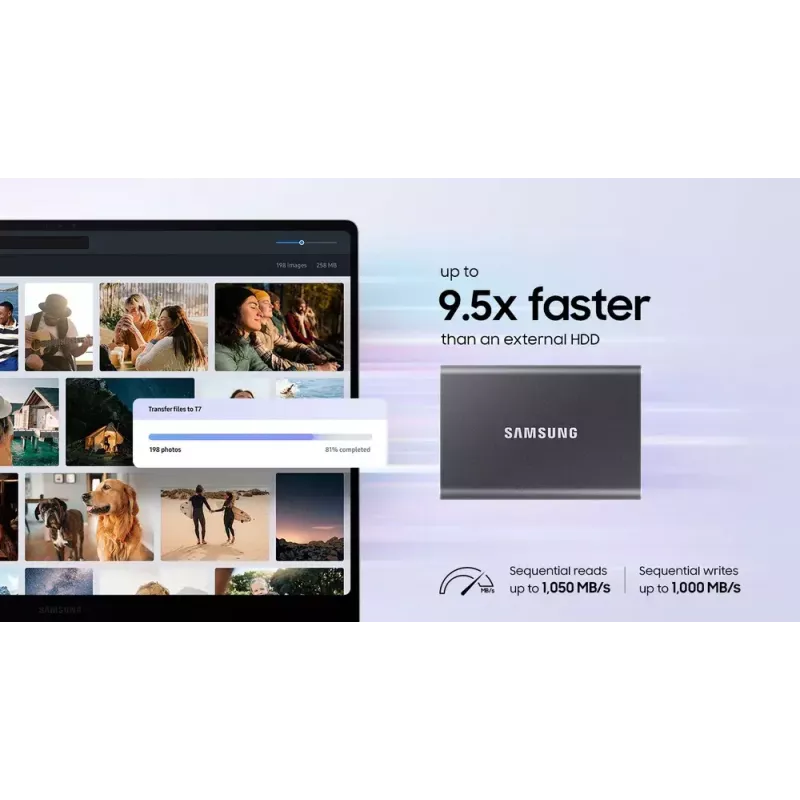 Išorinis SSD Samsung T7 Portable 1 TB, USB-C 3.2 Gen 2, NVMe, AES-256 aparatinė šifravimo apsauga, mėlynas