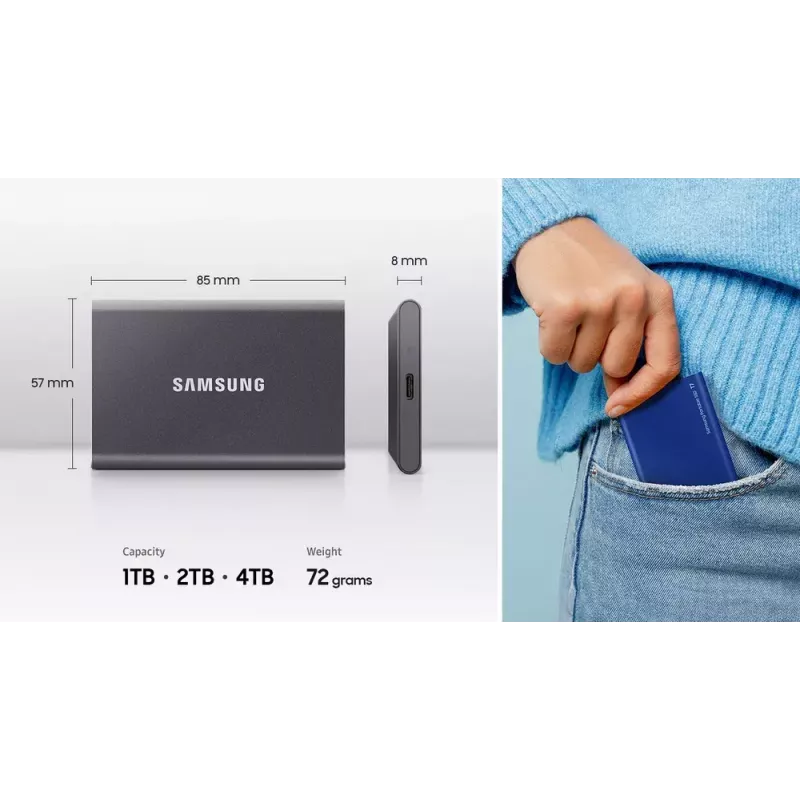 Išorinis SSD Samsung T7 Portable 1 TB, USB-C 3.2 Gen 2, NVMe, AES-256 aparatinė šifravimo apsauga, mėlynas