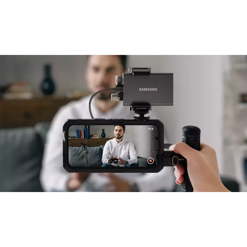 Išorinis SSD Samsung T7 Portable 1 TB, USB-C 3.2 Gen 2, NVMe, AES-256 aparatinė šifravimo apsauga, mėlynas