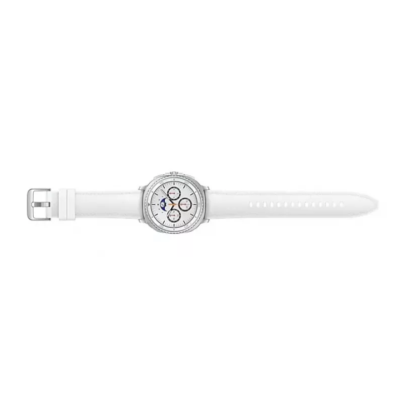 Išmanusis laikrodis Samsung Galaxy Watch 8 Classic 46 mm — 1,3 colio AMOLED, 438×438, 64 GB, Wi‑Fi, GPS, sidabrinis korpusas, balta juosta