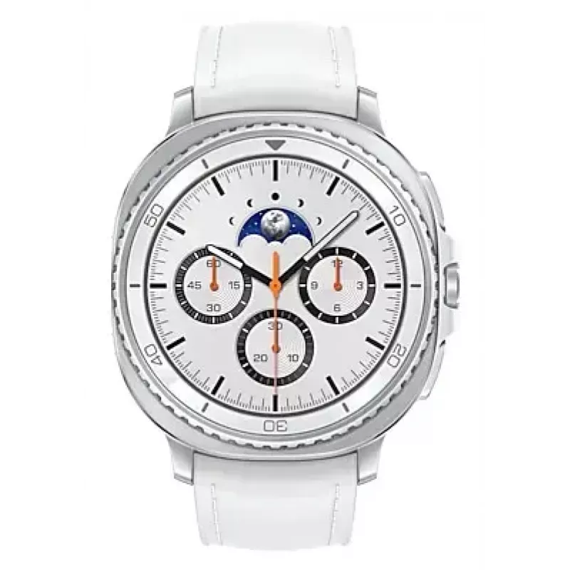 Išmanusis laikrodis Samsung Galaxy Watch 8 Classic 46 mm — 1,3 colio AMOLED, 438×438, 64 GB, Wi‑Fi, GPS, sidabrinis korpusas, balta juosta