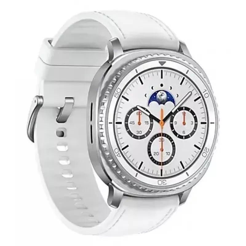Išmanusis laikrodis Samsung Galaxy Watch 8 Classic 46 mm — 1,3 colio AMOLED, 438×438, 64 GB, Wi‑Fi, GPS, sidabrinis korpusas, balta juosta
