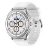Išmanusis laikrodis Samsung Galaxy Watch 8 Classic 46 mm — 1,3 colio AMOLED, 438×438, 64 GB, Wi‑Fi, GPS, sidabrinis korpusas, balta juosta