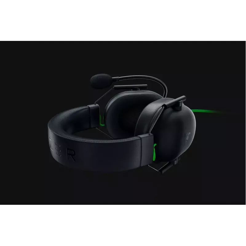 Laidinis žaidimų ausinių komplektas Razer JuodaShark V2 X — binauralinis, 3,5 mm, 32 Ω, 100 dB, triukšmą slopinantis lankstus mikrofonas, 1,3 m laidas, žalia/juoda