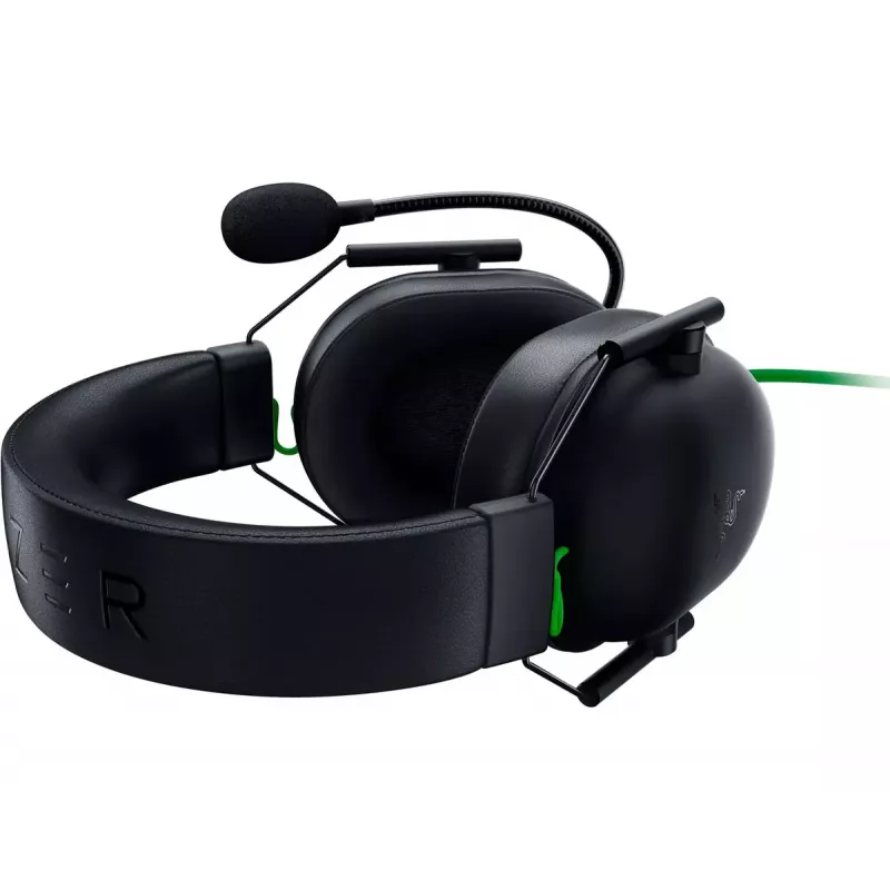 Laidinis žaidimų ausinių komplektas Razer JuodaShark V2 X — binauralinis, 3,5 mm, 32 Ω, 100 dB, triukšmą slopinantis lankstus mikrofonas, 1,3 m laidas, žalia/juoda