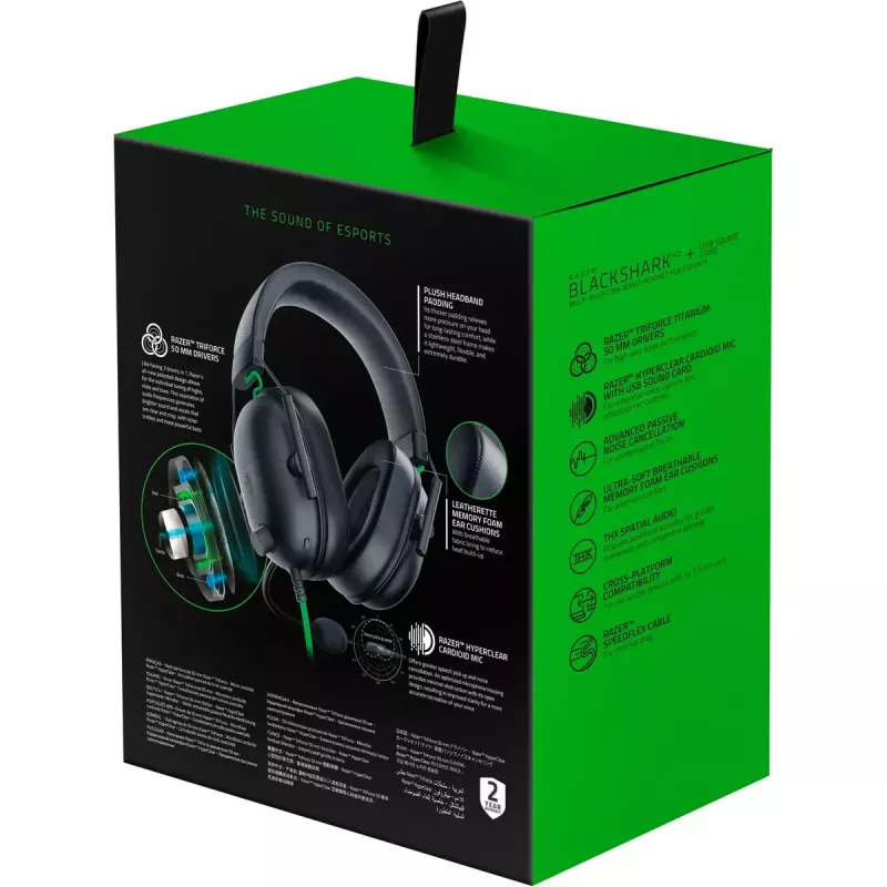 Laidinis žaidimų ausinių komplektas Razer JuodaShark V2 X — binauralinis, 3,5 mm, 32 Ω, 100 dB, triukšmą slopinantis lankstus mikrofonas, 1,3 m laidas, žalia/juoda