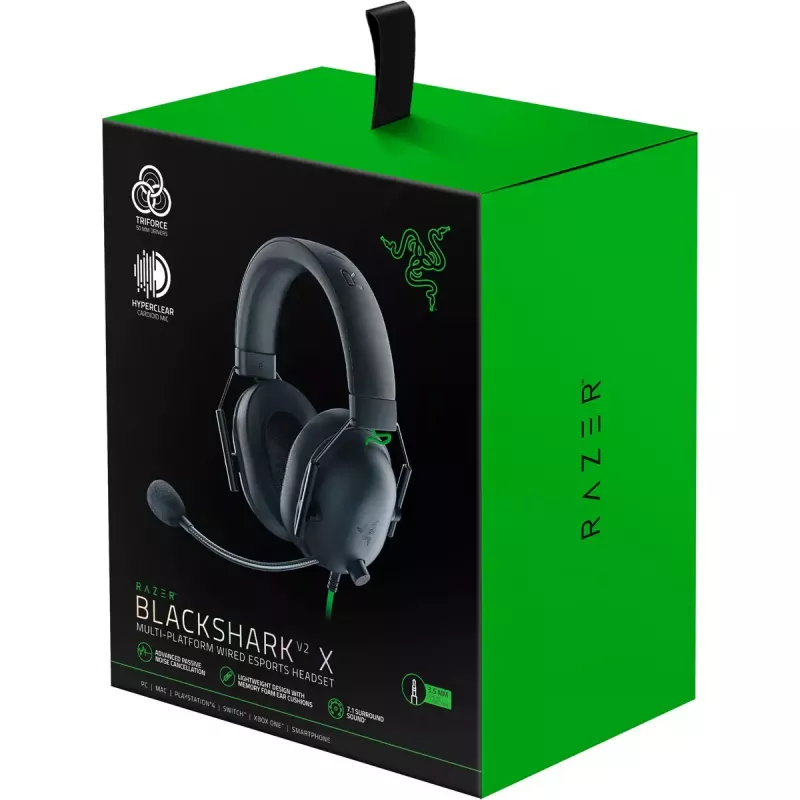 Laidinis žaidimų ausinių komplektas Razer JuodaShark V2 X — binauralinis, 3,5 mm, 32 Ω, 100 dB, triukšmą slopinantis lankstus mikrofonas, 1,3 m laidas, žalia/juoda