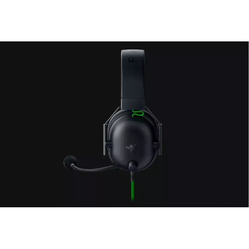 Laidinis žaidimų ausinių komplektas Razer JuodaShark V2 X — binauralinis, 3,5 mm, 32 Ω, 100 dB, triukšmą slopinantis lankstus mikrofonas, 1,3 m laidas, žalia/juoda