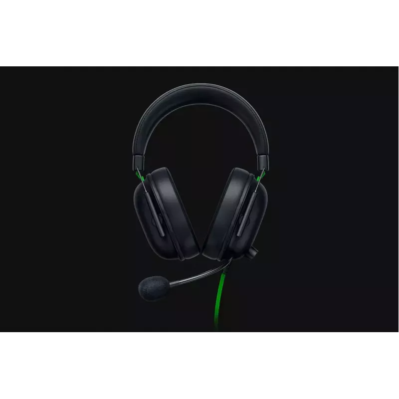 Laidinis žaidimų ausinių komplektas Razer JuodaShark V2 X — binauralinis, 3,5 mm, 32 Ω, 100 dB, triukšmą slopinantis lankstus mikrofonas, 1,3 m laidas, žalia/juoda