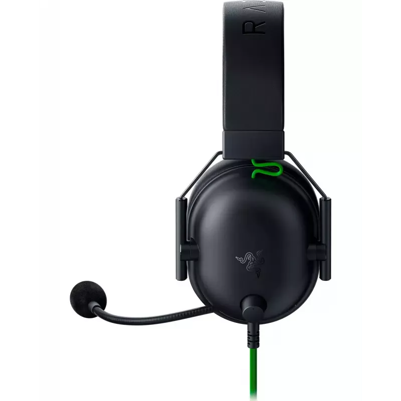 Laidinis žaidimų ausinių komplektas Razer JuodaShark V2 X — binauralinis, 3,5 mm, 32 Ω, 100 dB, triukšmą slopinantis lankstus mikrofonas, 1,3 m laidas, žalia/juoda