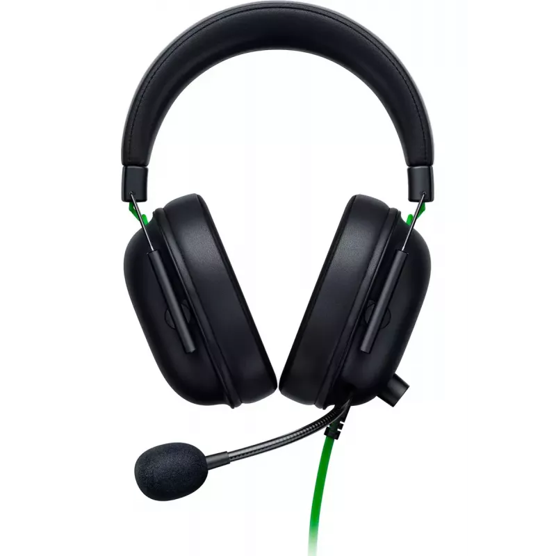Laidinis žaidimų ausinių komplektas Razer JuodaShark V2 X — binauralinis, 3,5 mm, 32 Ω, 100 dB, triukšmą slopinantis lankstus mikrofonas, 1,3 m laidas, žalia/juoda