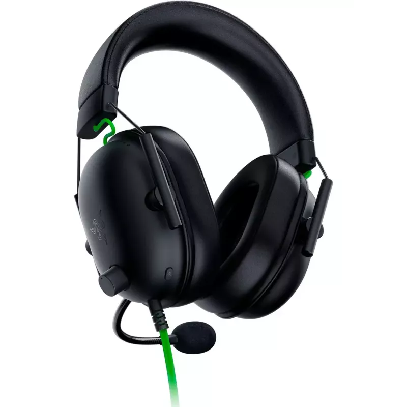 Laidinis žaidimų ausinių komplektas Razer JuodaShark V2 X — binauralinis, 3,5 mm, 32 Ω, 100 dB, triukšmą slopinantis lankstus mikrofonas, 1,3 m laidas, žalia/juoda