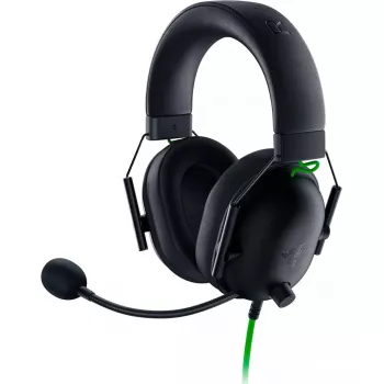 Laidinis žaidimų ausinių komplektas Razer JuodaShark V2 X — binauralinis, 3,5 mm, 32 Ω, 100 dB, triukšmą slopinantis lankstus mikrofonas, 1,3 m laidas, žalia/juoda