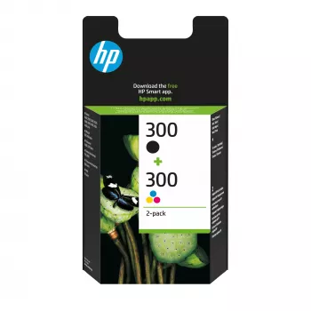 HP 300 2 vnt. juodos/trispalvės originalios rašalo kasetės, juoda, žydra, rausvai raudona, geltona, pigmentinis rašalas, dažų pagrindo rašalas, 2 vnt., 200 puslapių, 165 puslapiai