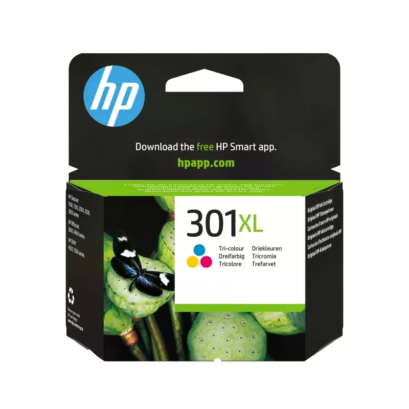 HP 301XL didelės išeigos trijų spalvų originali rašalo kasetė, žydra, rausvai raudona, geltona, 1 vnt., 300 puslapių