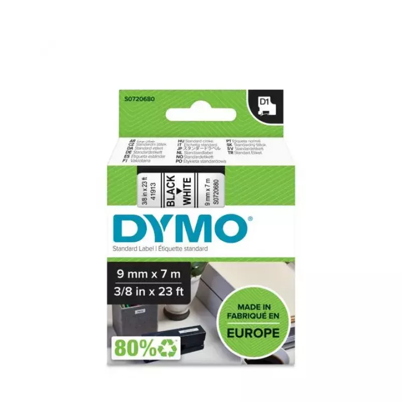 DYMO Authentic D1 etiketės | Juodas spaudinys ant baltos juostos | 9 mm x 7 m | Lipnios etiketės, skirtos LabelManager etikečių gamintojams | Pagaminta Europoje
