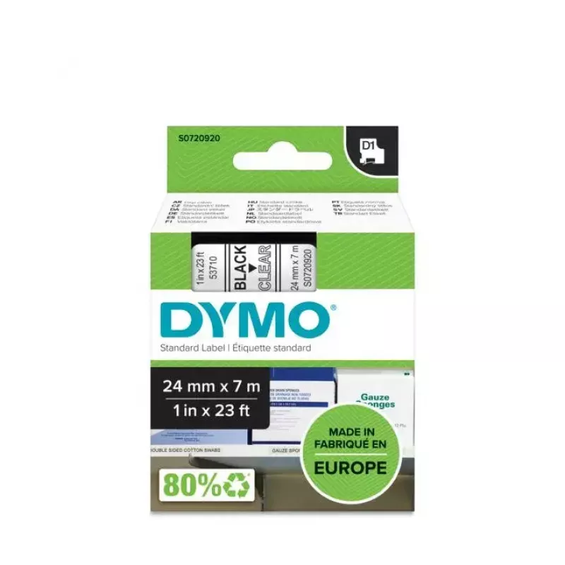 DYMO Authentic D1 etiketės | 24 mm x 7 m ritinys | Juodas spausdinimas ant skaidraus | Lipnios etiketės, skirtos LabelManager etikečių spausdintuvams