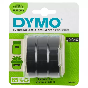 DYMO autentiška reljefinio spausdinimo juosta | 9 mm x 3 m ritinėliai | baltas tekstas juodame fone | lipni | reljefinio žymėjimo įrenginiams | 3 vnt.