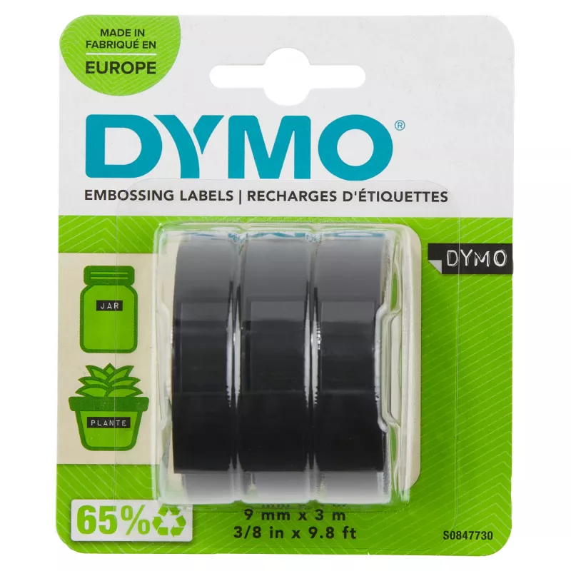 DYMO autentiška reljefinio spausdinimo juosta | 9 mm x 3 m ritinėliai | baltas tekstas juodame fone | lipni | reljefinio žymėjimo įrenginiams | 3 vnt.