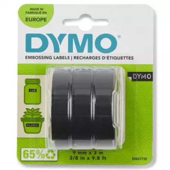 DYMO autentiška reljefinio spausdinimo juosta | 9 mm x 3 m ritinėliai | baltas tekstas juodame fone | lipni | reljefinio žymėjimo įrenginiams | 3 vnt.
