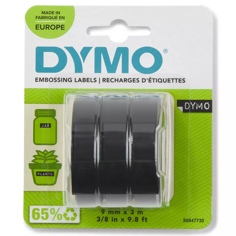 DYMO autentiška reljefinio spausdinimo juosta | 9 mm x 3 m ritinėliai | baltas tekstas juodame fone | lipni | reljefinio žymėjimo įrenginiams | 3 vnt.