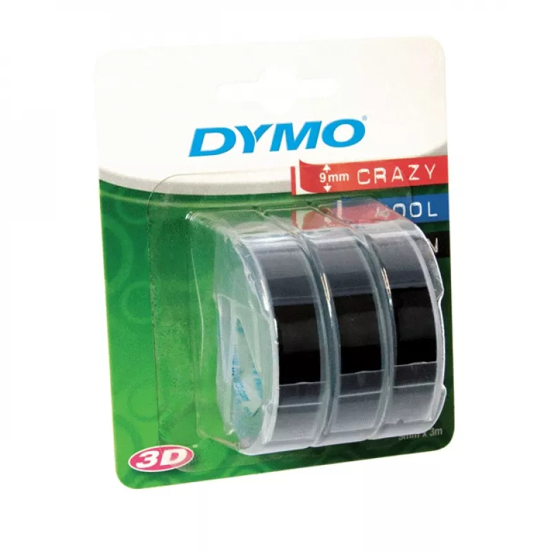 DYMO autentiška reljefinio spausdinimo juosta | 9 mm x 3 m ritinėliai | baltas tekstas juodame fone | lipni | reljefinio žymėjimo įrenginiams | 3 vnt.