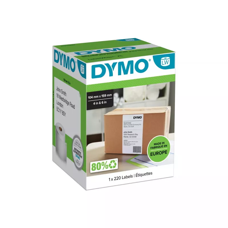DYMO Originali LabelWriter ypač didelės siuntų etiketės | 104 mm x 159 mm | Lipnios | 220 lengvai nulupamų etikečių ritinys | skirtos LabelWriter 4XL/5XL etikečių spausdintuvams