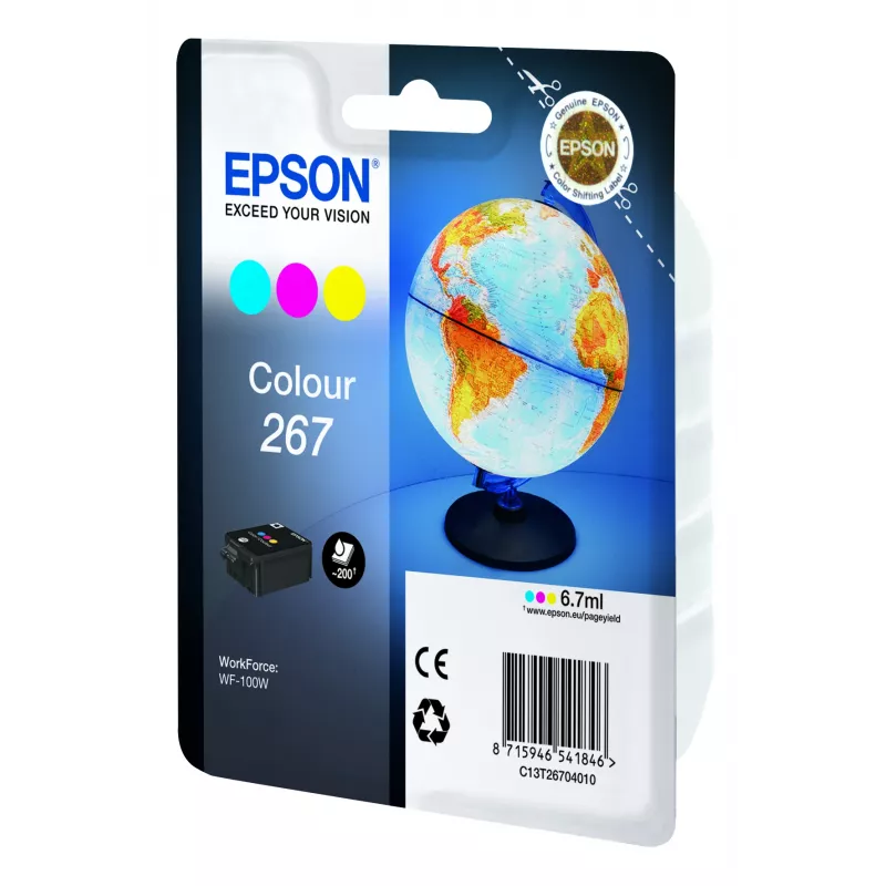 Epson Globe Singlepack Colour 267 rašalo kasetė, žalsvai mėlyna, rausvai raudona, geltona, pigmentinis rašalas, 6.7 ml, 1 vnt., 200 puslapių