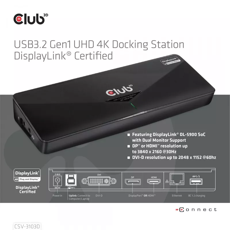 CLUB3D CSV-3103D „The Club 3D“ universali USB 3.1 Gen 1 UHD 4K dokų stotelė su DisplayLink™