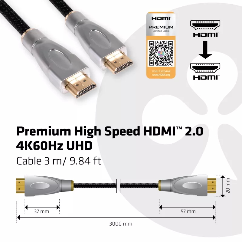 CLUB3D HDMI 2.0 laidas 3 metrai UHD 4K/60Hz 18Gbps sertifikuotas aukštos spartos