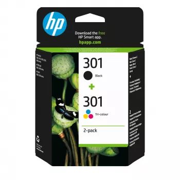 HP 301 2 vnt. juodos/trispalvės originalios rašalo kasetės, juoda, žydra, rausvai raudona, geltona, pigmentinis rašalas, 2 vnt., 170 puslapių